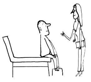 Drawing of a doctor talking to a man sitting in a chair